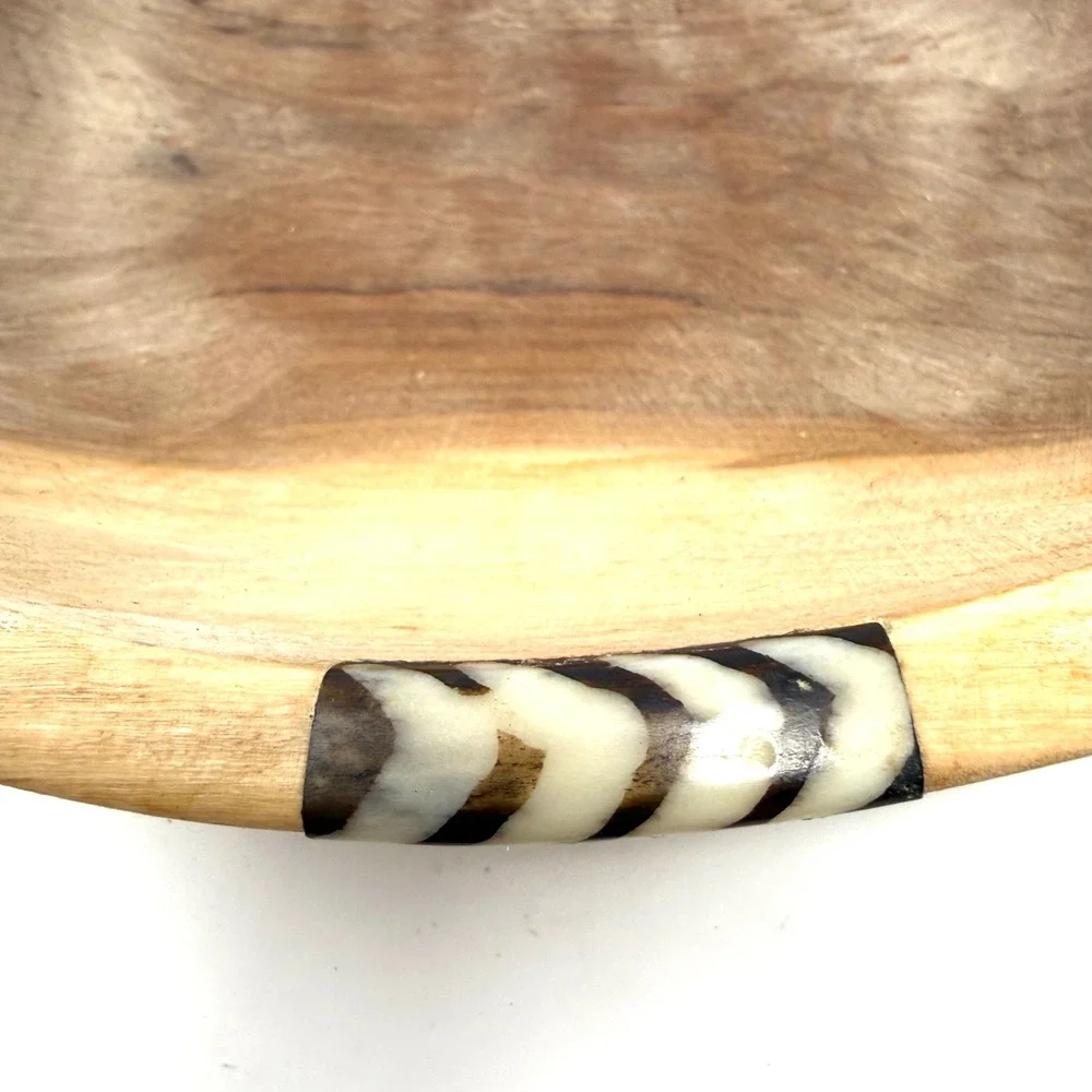 Hand Carved Wooden Bowl with Zebra Pattern Bone Inlay Tribal Boho Decor 11.5 x3